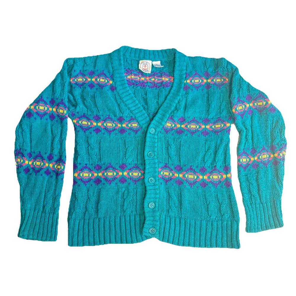 J G Hook VTG Sweater Teal‎ Purple Yellow Cardigan Child Sz L
